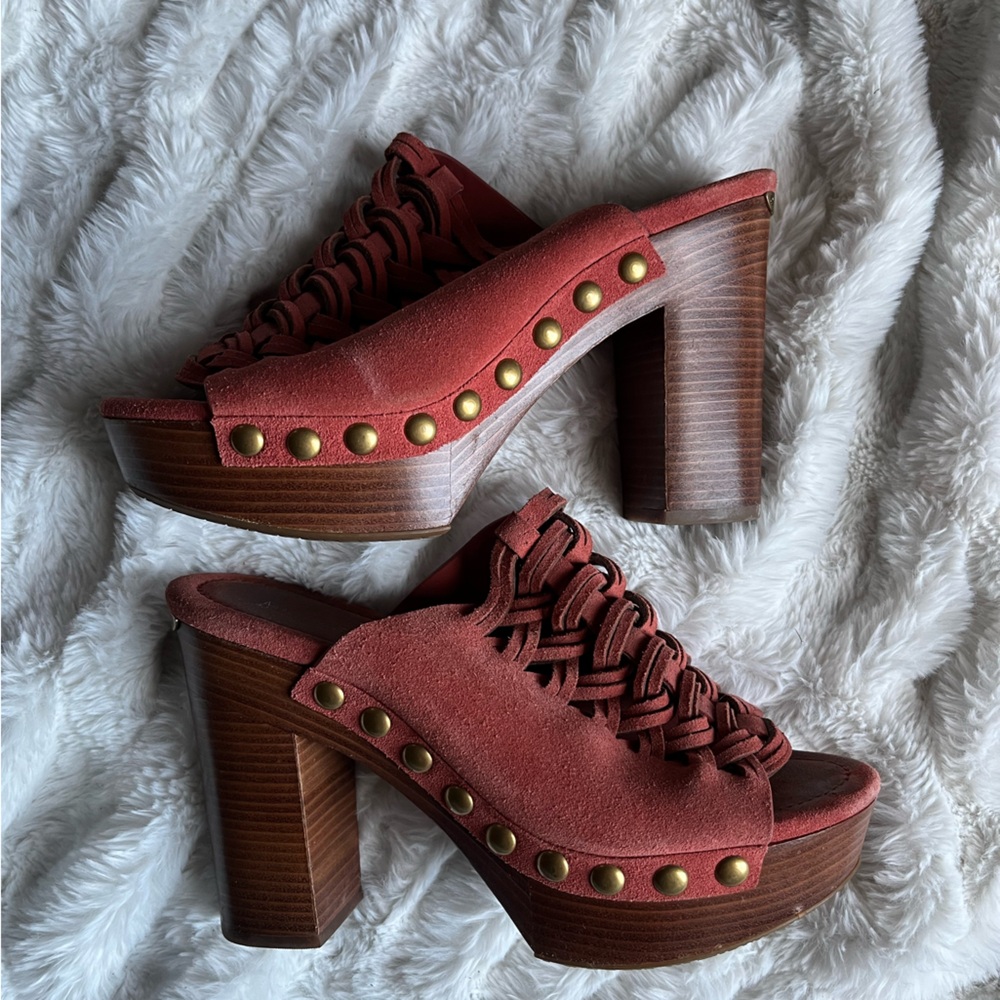 Michael Kors Red Suede Mules with studs and Wooden Heel